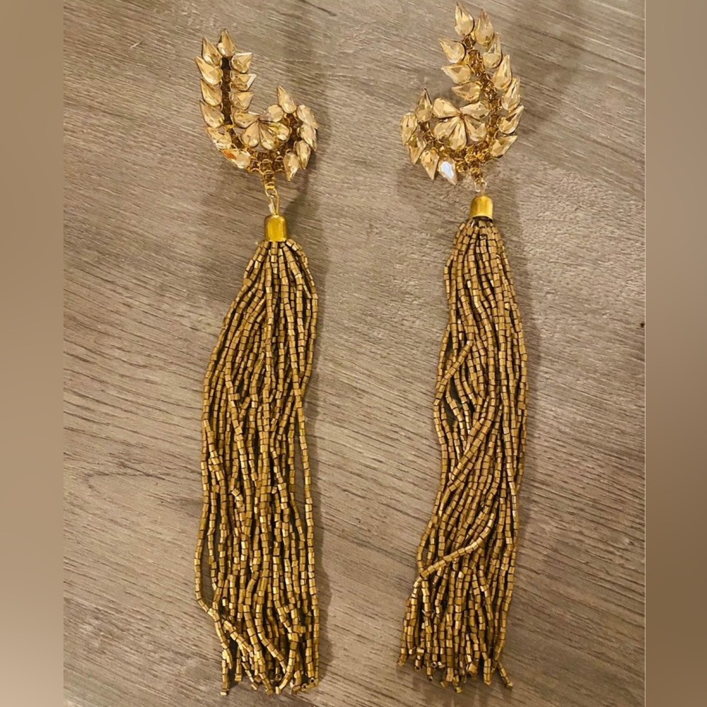 Pakistani cuff style long tussel earrings in bronze color
